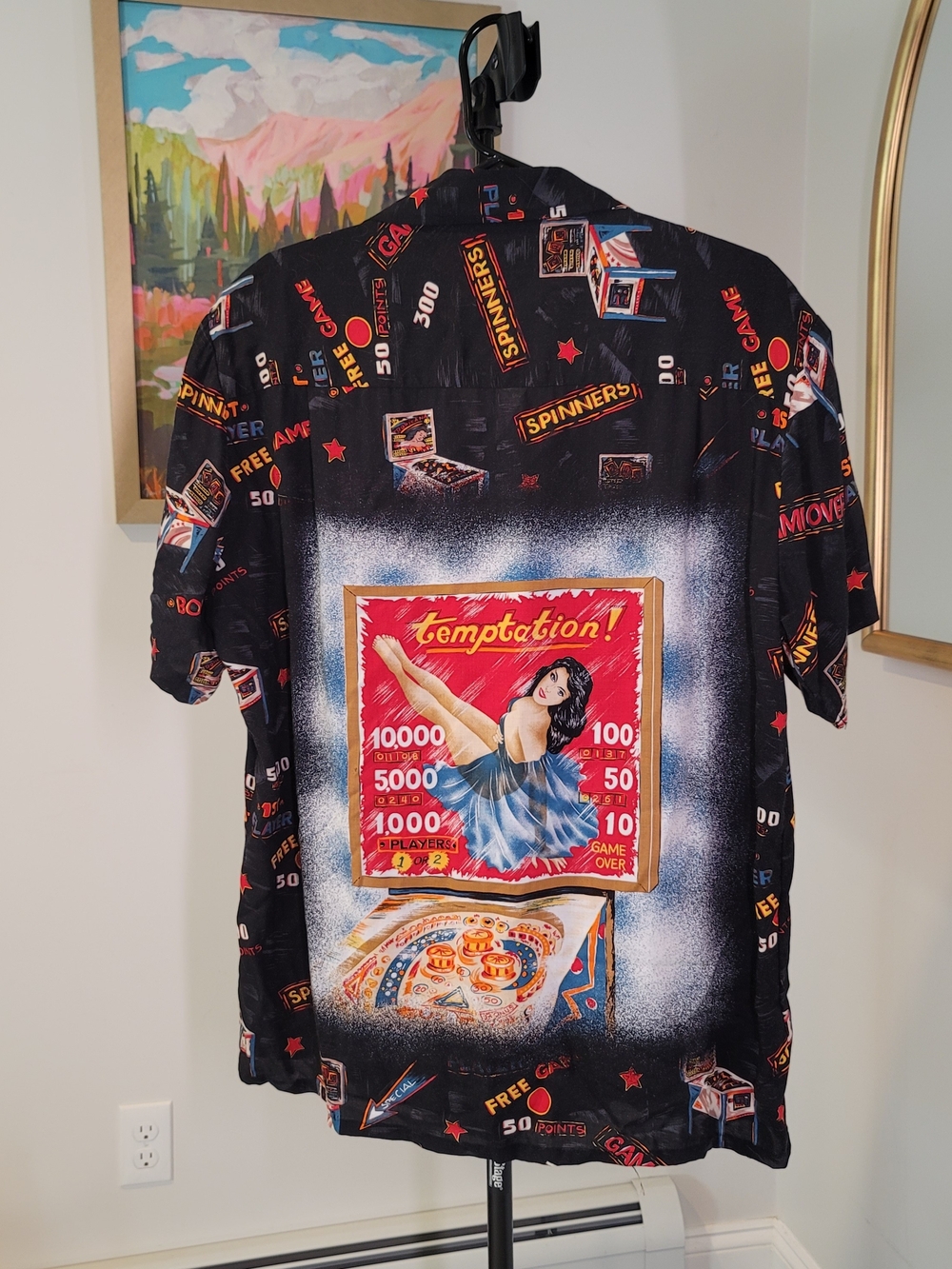KENNINGTON Vintage Arcade Pinball Print Pin Up Girl Rayon Shirt Men's Size L